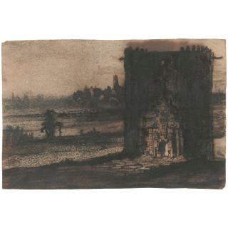 Victor-Marie Hugo - Une Tour Au Crépusculevictor-Marie Hugo ; A Tower At Dusk ; Pen And Brown Wash, Charcoal And Pencil On Vellum