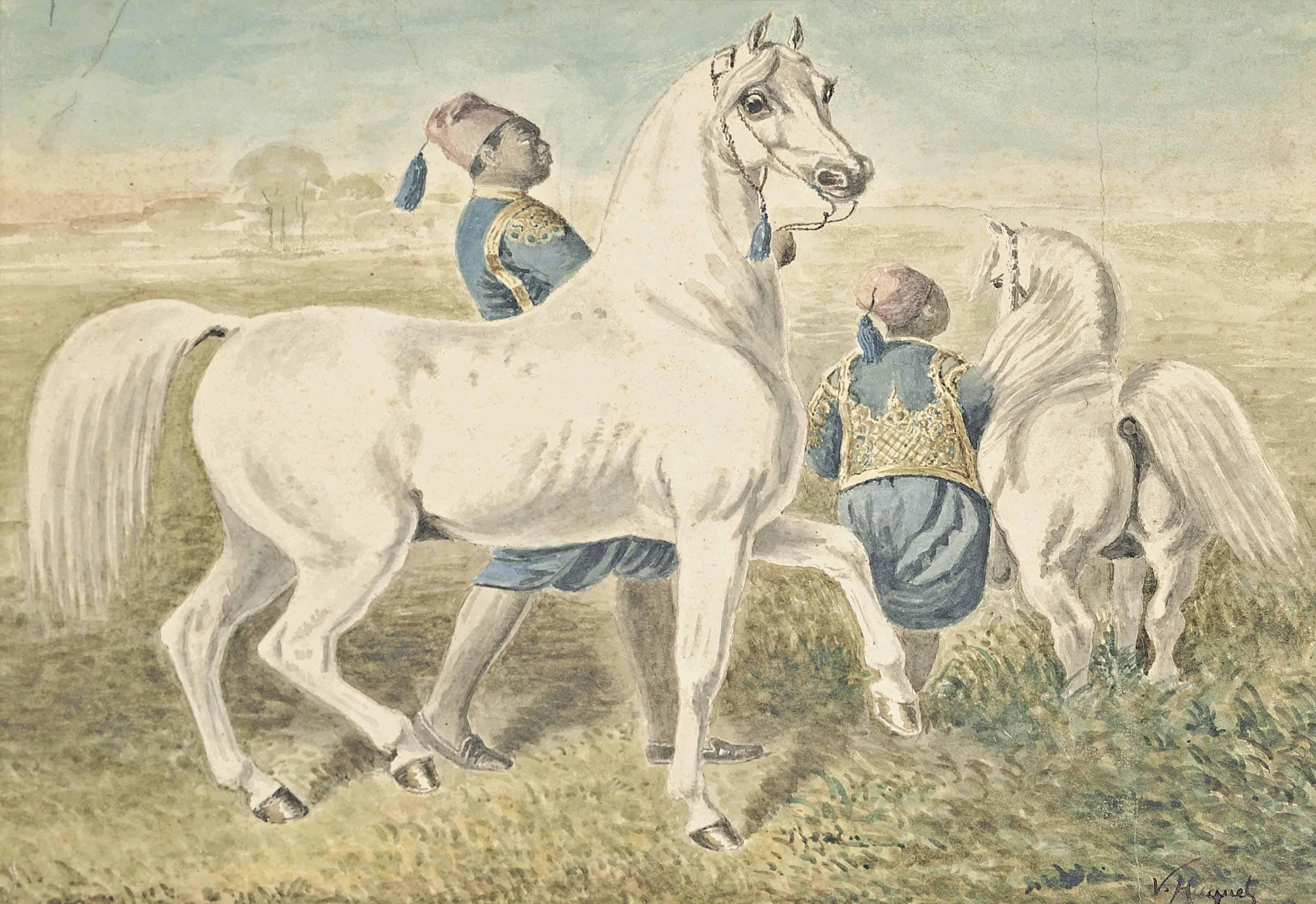 Victor-Pierre Hugnet - Grey horses with their grooms