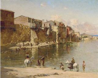 Victor-Pierre Huguet - Figures on a river bank