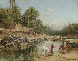 Victor Pierre Huguet - Figures standing by a Caravan