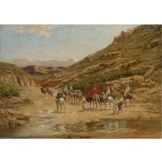 Victor-Pierre Huguet - French An Algerian Caravan Crossing A Riverbed