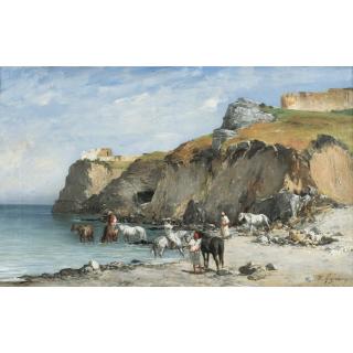 Victor-Pierre Huguet - Halte De Cavaliers Au Bord De La Mervictor-Pierre Huguet ; The Halt Of Horsemen On The Beach ; Signed Lower Right ; Oil On Canvas