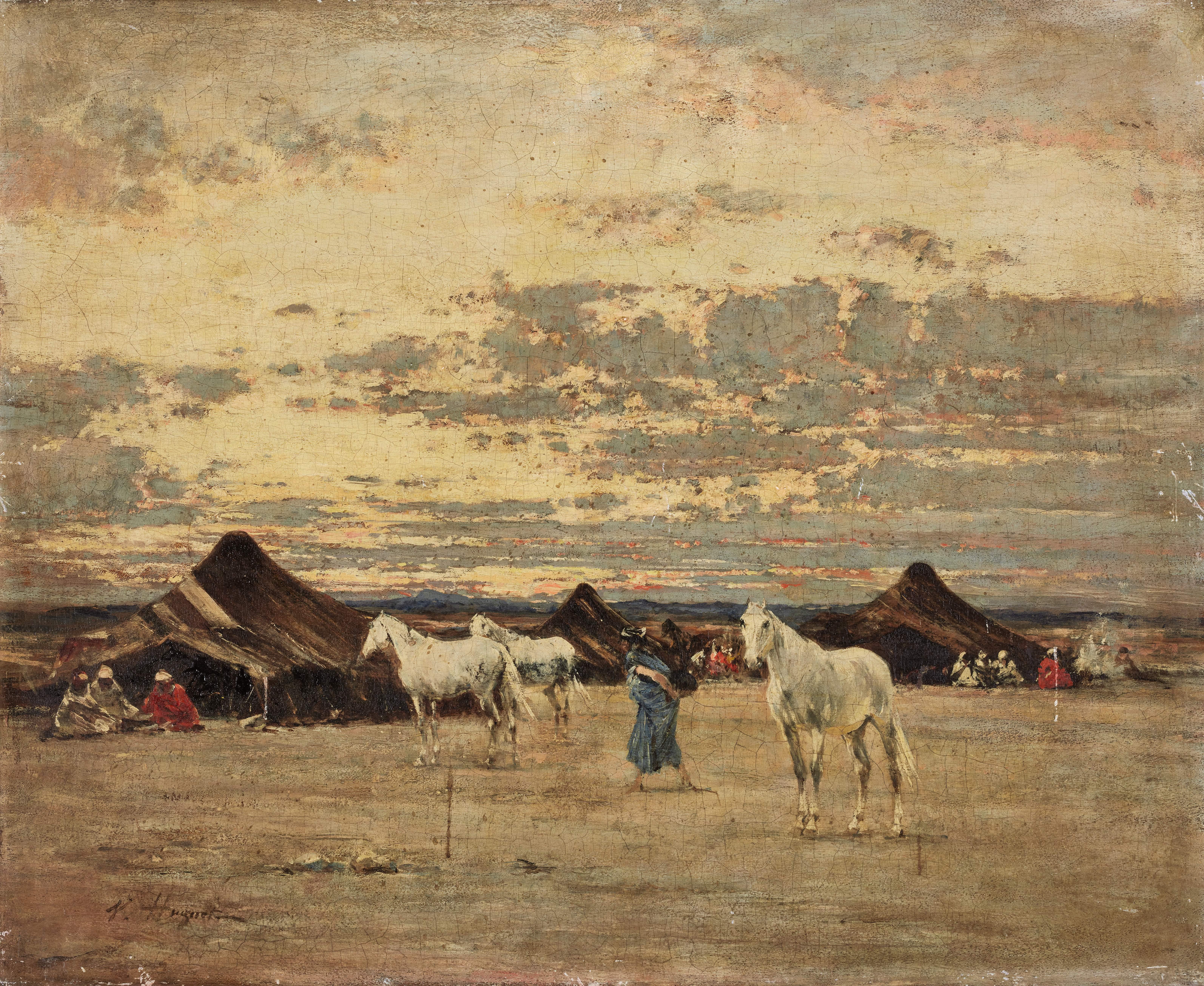Victor-Pierre Huguet - Horses Drinking; Settlement At Dawn