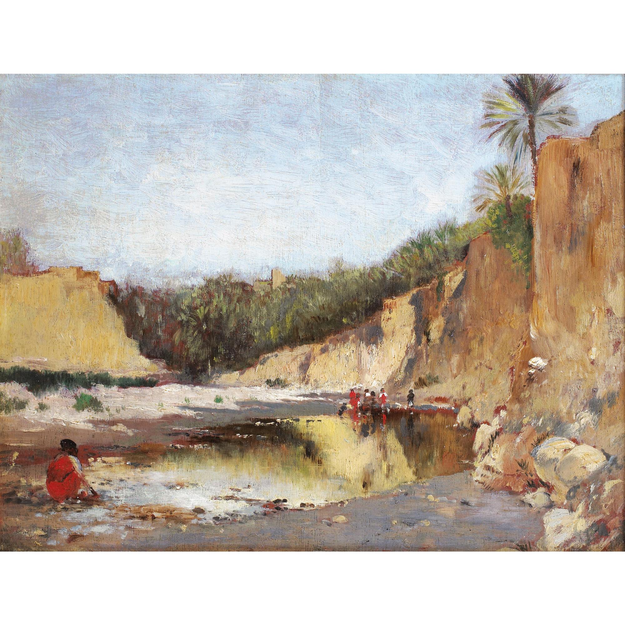 Victor-Pierre Huguet - Oasis D\'El Kantaravictor-Pierre Huguet ; Oasis In El Kantara ; Oil On Panel ; Authenticated By Mrs Lynne Thornton
