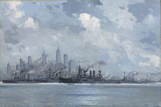 Victor Qvistorff - German warships in New York harbor honoring the visit of Kaiser Wilhelm\'s son, with a view of the New York skyline