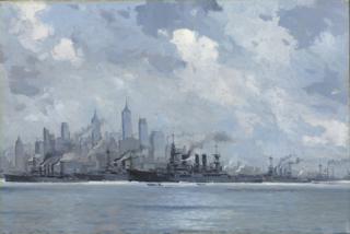 Victor Qvistorff - German warships in New York harbor honoring the visit of Kaiser Wilhelm\'s son, with a view of the New York skyline