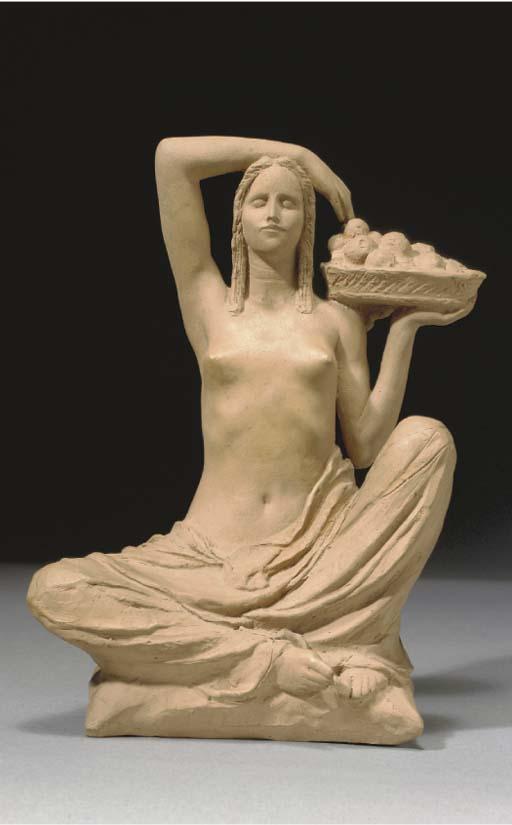 Victor Rousseau - Seated nude with fruit basket