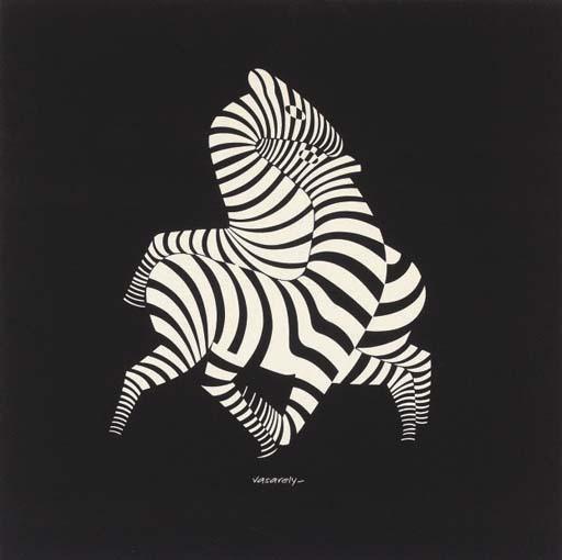 Victor Vasarely - Zebras (full body white on blue/black)