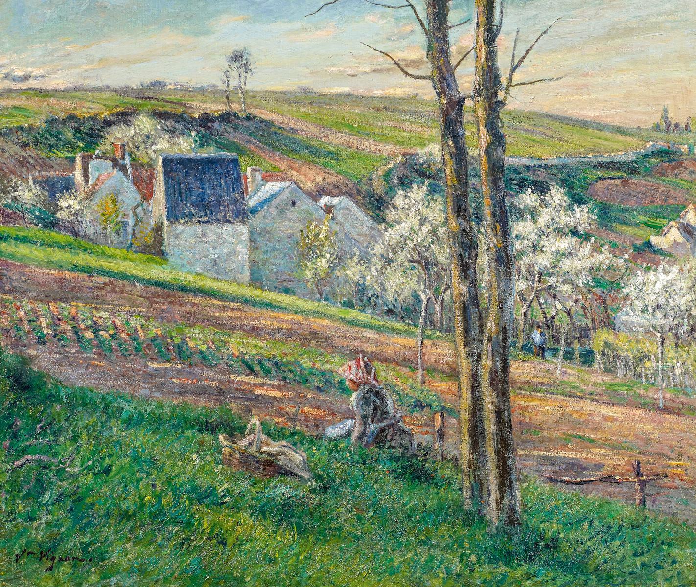 Victor Vignon - Paysage de campagne avec une jeune fille de repos