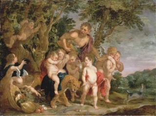 Victor Wolfvoet - A bacchanal in a wooded river landscape