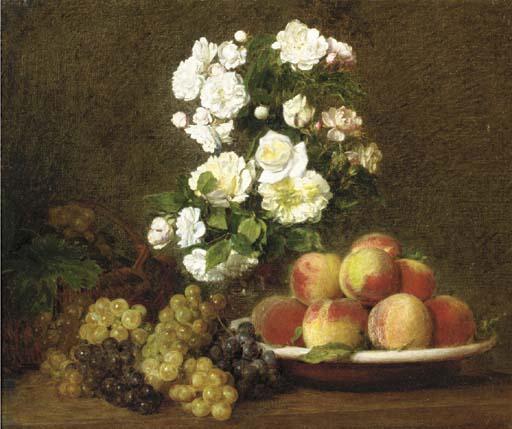 Victoria Fantin Latour-Dubourg - White roses in a vase with peaches and grapes on a table