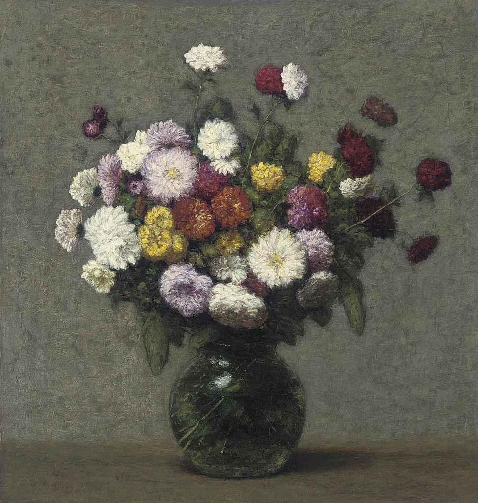 Victoria Fantin-Latour - Bouquet de zinnias dans un vase boule