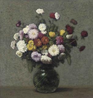 Victoria Fantin-Latour - Bouquet de zinnias dans un vase boule