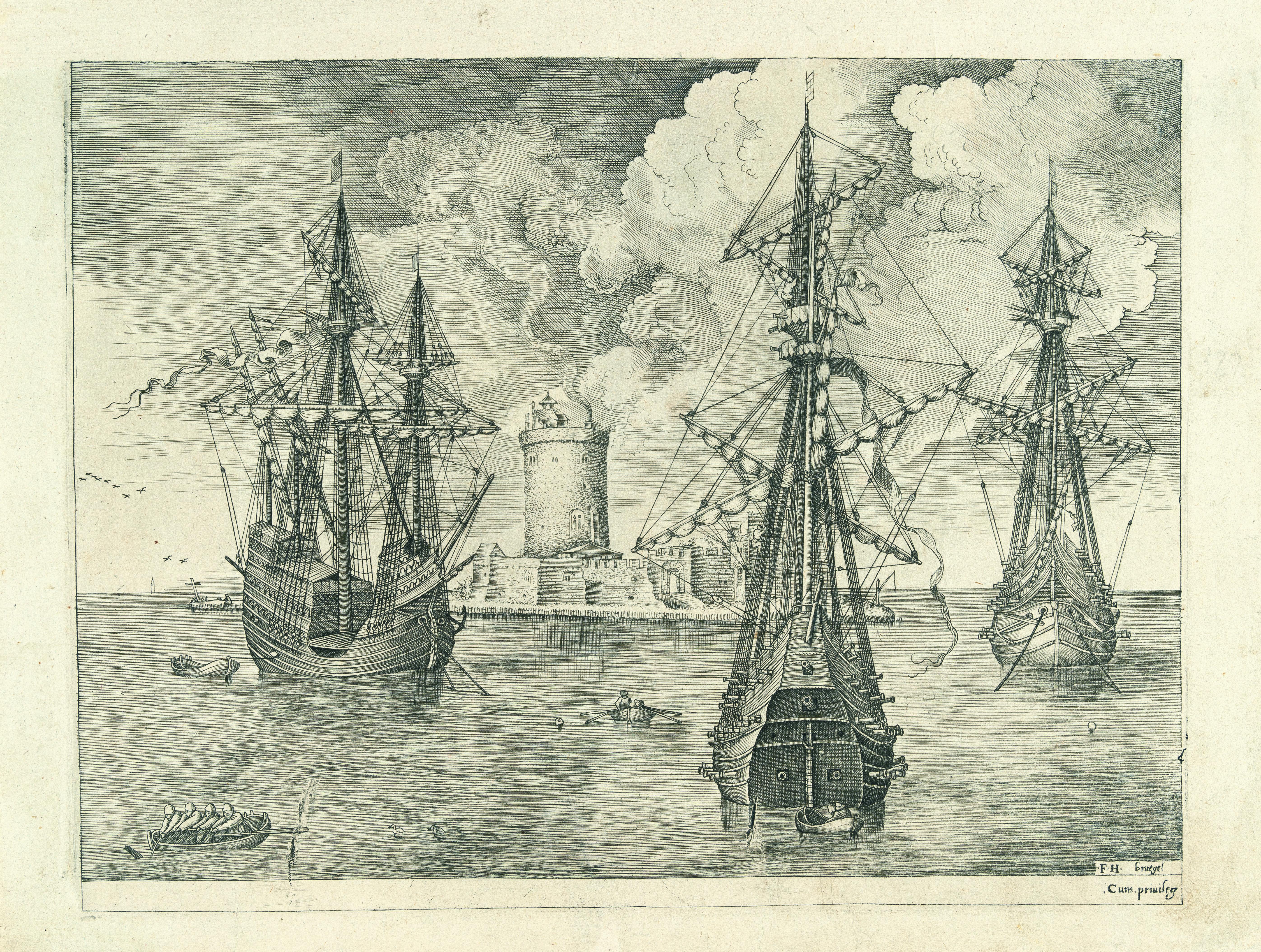 Viermaster und zwei Dreimaster vor Anker bei einer Festungsinsel