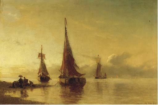Viggo Fauerholdt - Moored sailing vessels by a coast at dusk