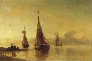 Viggo Fauerholdt - Moored sailing vessels by a coast at dusk