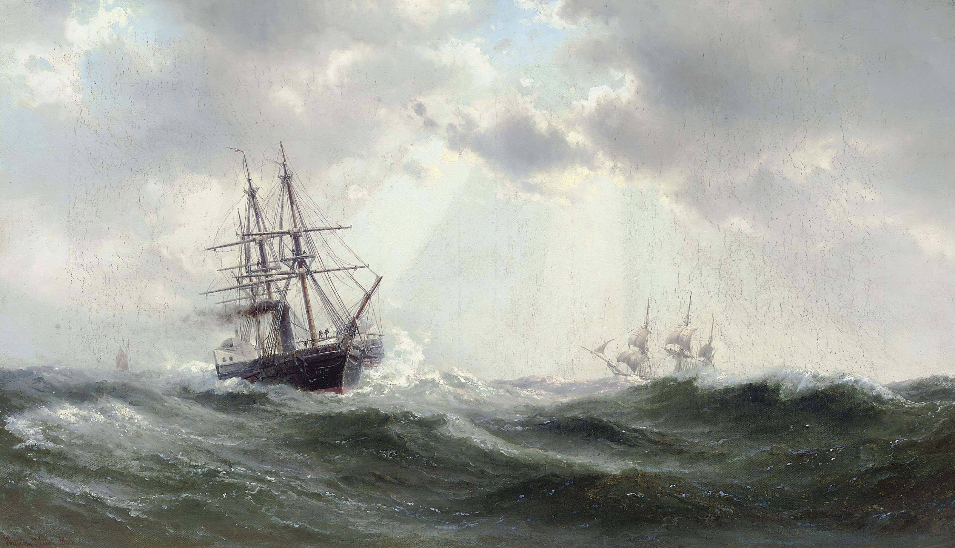 Vilhelm Melbye - A paddlesteamer and other shipping in a heavy swell