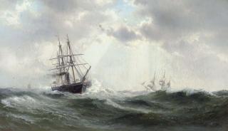 Vilhelm Melbye - A paddlesteamer and other shipping in a heavy swell
