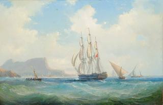 Vilhelm Melbye - A Royal Navy warship running into Gibraltar at dusk, with xebecs and other shipping off her starboard quarter