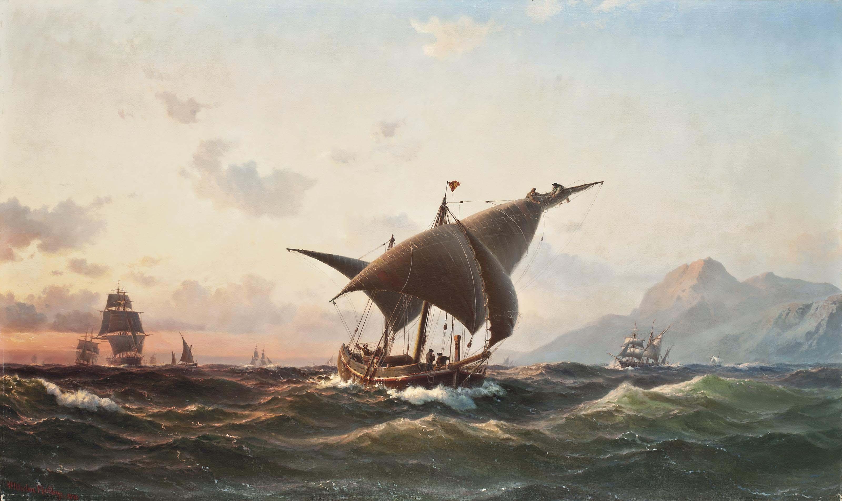 Vilhelm Melbye - A Spanish Xebec And Other Commercial Craft In The Mediterranean Off Gibraltar At Sunset