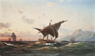 Vilhelm Melbye - A Spanish Xebec And Other Commercial Craft In The Mediterranean Off Gibraltar At Sunset