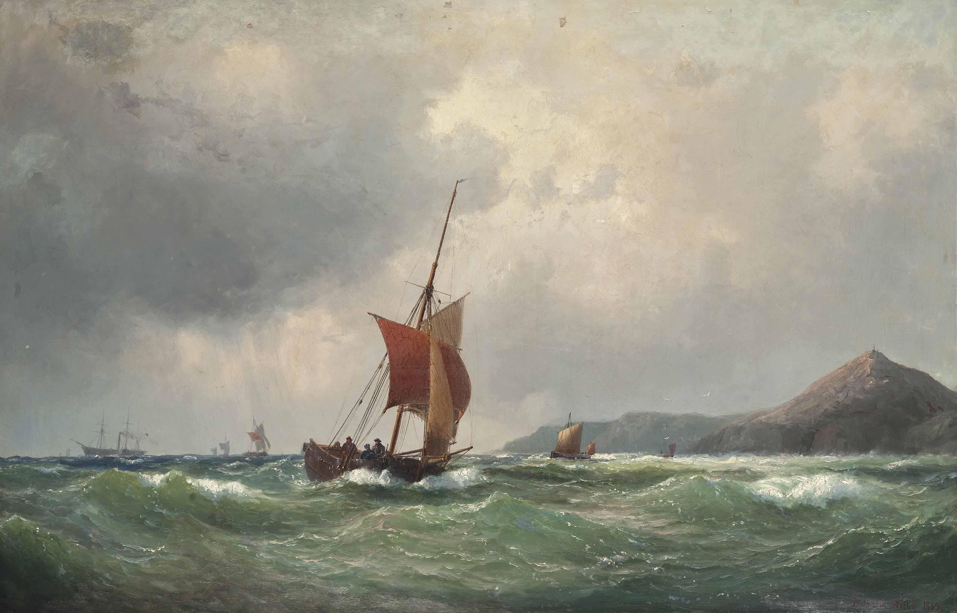 Vilhelm Melbye - Fishing Boats Off A Rocky Coastline, A Paddle Steamer Beyond