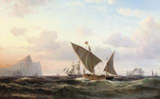Vilhelm Melbye - Xebecs and other shipping off Gibralter at sunset