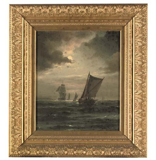 Vilhelm Victor Bille - A sailing boat in a gathering storm, a frigate and other boats beyond