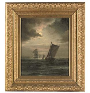 Vilhelm Victor Bille - A sailing boat in a gathering storm, a frigate and other boats beyond