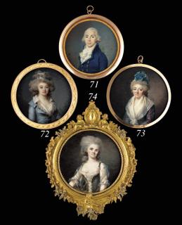 Villers - A young gentleman, full face in bright blue coat with large gold buttons, blue bordered yellow waistcoat, frilled cravat and tied jabot, powdered hair