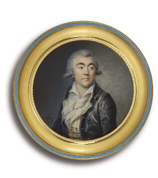 Villers - A Young Gentleman, In Grey Silk Coat With Large Buttons Engraved With The Initials A And G Respectively, Turquoise And Yellow Striped Waistcoat, Frilled White Shirt And Knotted Scarf, Powdered Hair