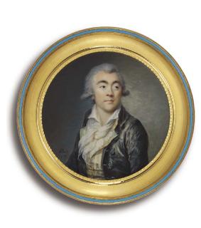 Villers - A Young Gentleman, In Grey Silk Coat With Large Buttons Engraved With The Initials A And G Respectively, Turquoise And Yellow Striped Waistcoat, Frilled White Shirt And Knotted Scarf, Powdered Hair
