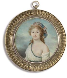 Villers - A Young Lady, In Loose Green-Bordered White Dress Revealing Her Left Breast And Shoulder, Green Sash, Multi-Coloured Check Scarf Tied In Her Long Curling Fair Hair; Sky And Cloud Background