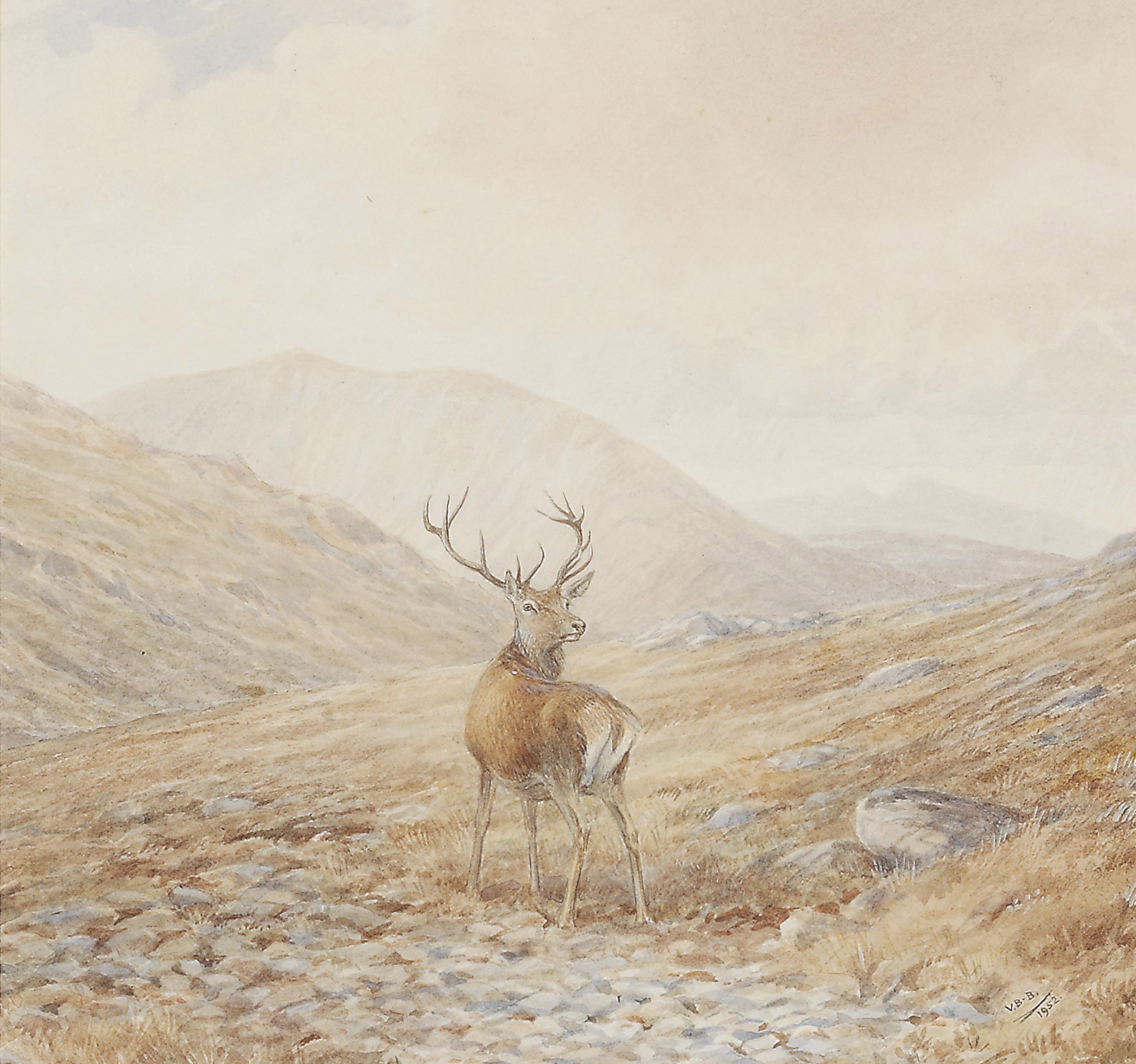 Vincent Balfour-Browne - Stag Looking Back In A Misty Highland Landscape