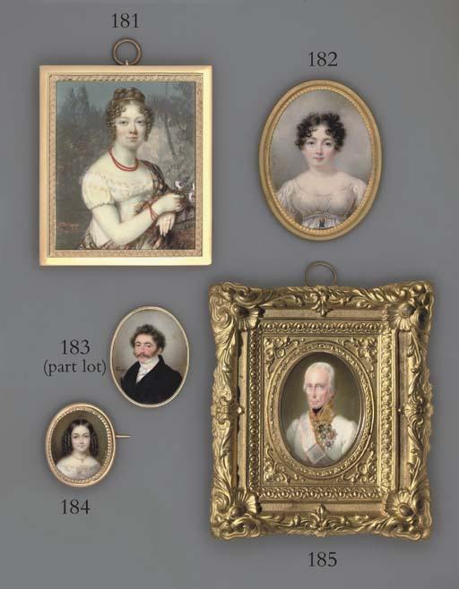 Vincent Bertrand - A Young Lady, In White Dress With Gauze Bodice, Blue Sash Adorned With Heart-Shaped Gold Pendant And White Over-Frill Bordered With Rope of Pearls, Centre-Parted Short Curling Hair; Sky And Cloud Background