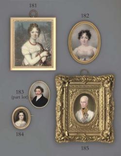 Vincent Bertrand - A Young Lady, In White Dress With Gauze Bodice, Blue Sash Adorned With Heart-Shaped Gold Pendant And White Over-Frill Bordered With Rope of Pearls, Centre-Parted Short Curling Hair; Sky And Cloud Background