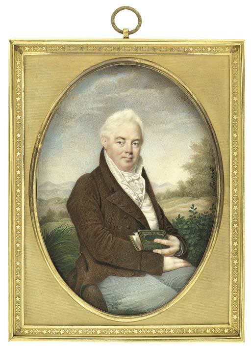 Vincent Bertrand - James Drummond (d. 1822), seated in a landscape with his hands on his lap, holding a gold-tooled green book in his left hand, facing right in brown coat, pale grey trousers, gold lined white waistcoat, pleated cravat, powdered hair