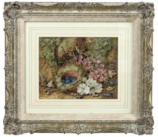 Vincent Clare - A bird\'s nest, with white nasturtiums and other flowers
