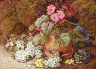Vincent Clare - A geranium in a flower pot with primroses, May blossom and African violets on a mossy bank