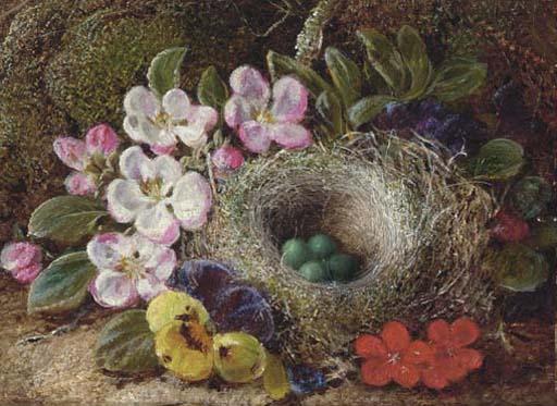 Vincent Clare - Apple Blossom, Pansies And A Bird\'S Nest With Eggs On A Mossy Bank