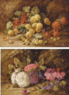 Vincent Clare - Asters, pansies and violets on a mossy bank; and Strawberries, cherries, gooseberries and redcurrants on a mossy bank