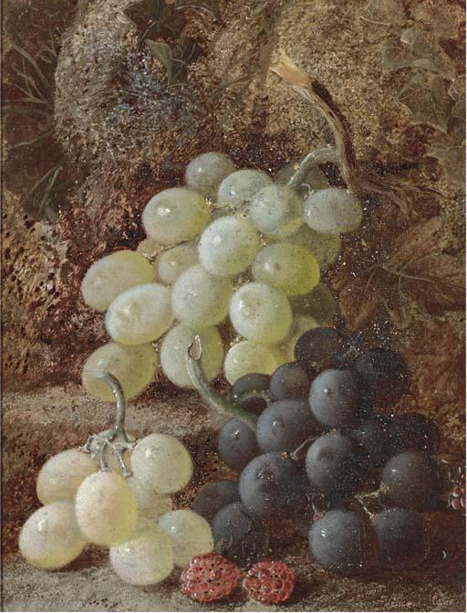 Vincent Clare - Grapes and raspberries; and Spring flowers in a wicker basket, on a mossy bank