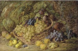 Vincent Clare - Grapes, apples, plums and blueberries in a wicker basket, with pears and peaches on a mossy bank