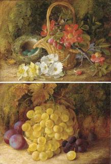 Vincent Clare - May blossom in a wicker basket, a bird\'s nest with eggs, on a mossy bank; and Plums and grapes in a wicker basket, on a mossy bank