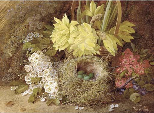 Vincent Clare - May blossom, violets, primroses, daffodils in a wicker basket, and eggs in a bird\'s nest, on a mossy bank