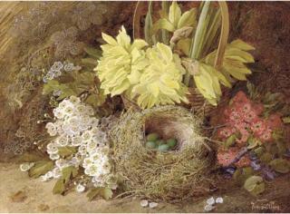 Vincent Clare - May blossom, violets, primroses, daffodils in a wicker basket, and eggs in a bird\'s nest, on a mossy bank