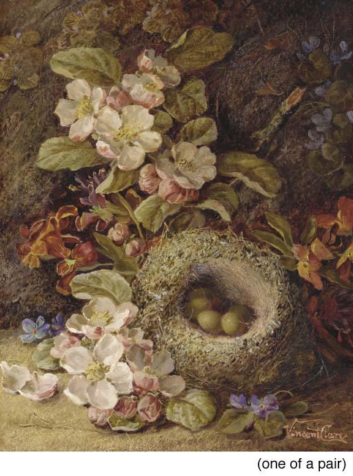 Vincent Clare - Pansies, Violets and a Bird\'s Nest with Eggs on a Mossy Bank; and Plums, Grapes and a Peach on a Bank