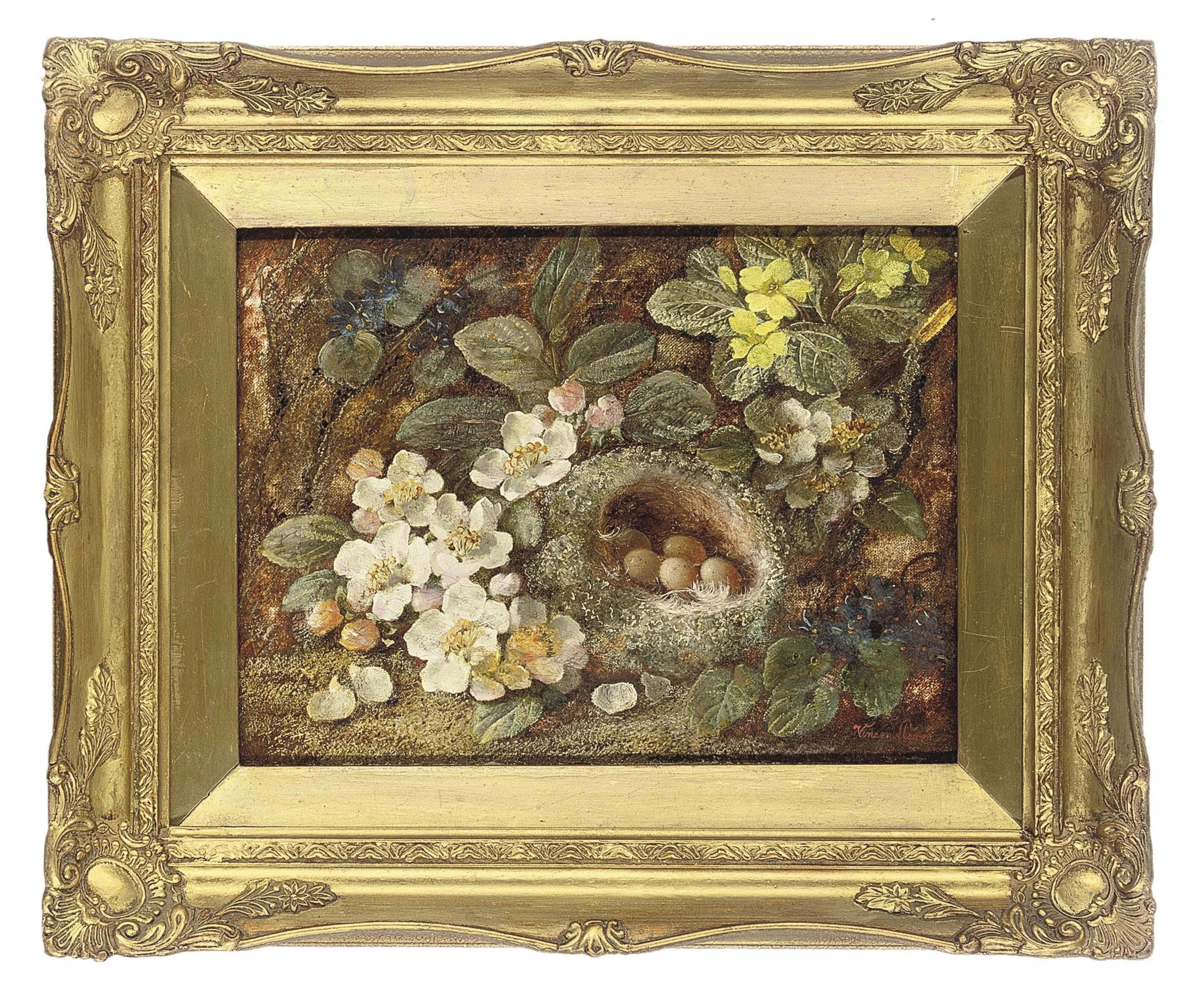 Vincent Clare - Primroses and a bird\'s nest on a mossy bank
