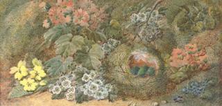 Vincent Clare - Primroses and a bird\'s nest on a mossy bank