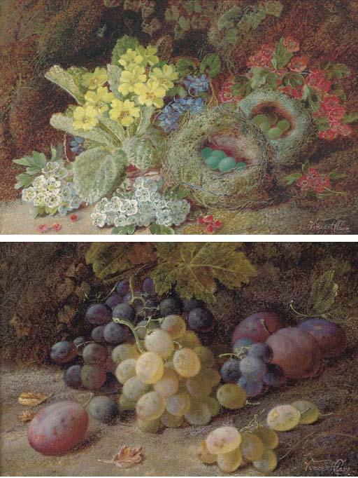 Vincent Clare - Primroses, apple-blossom and a bird\'s nest on a mossy bank; and Grapes and plums on a mossy bank